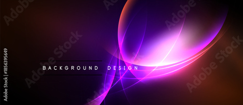 Abstract design features vibrant curves, gradients. Purple, pink hues dominate dark background. Text reads background design. Elegant, modern aesthetic.