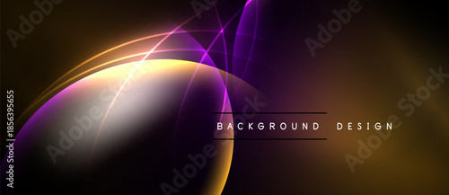 Abstract design features flowing curves, vibrant colors. Gold, purple, white blend into dark background. Modern aesthetic.