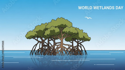 Mangrove trees in water on world wetlands day with bird flying overhead in sunny blue sky