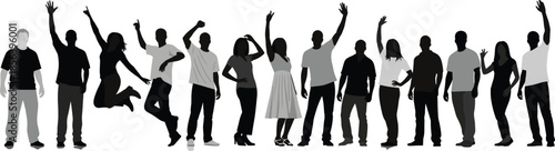 Silhouette people group, diverse poses, individuality, movement expression, dynamic composition, human posture, standing row, jumping figure, artistic illustration, unity