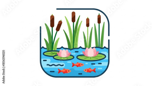 A serene aquarium scene with pink lotus flowers, green lily pads, brown cattails, and small orange fish swimming in clear blue water