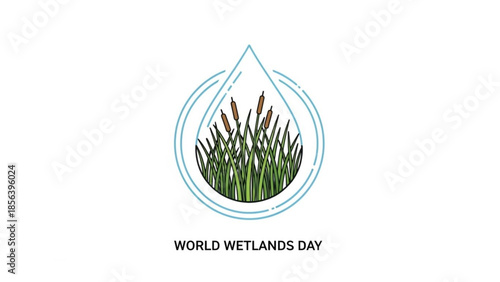 World wetlands day illustration with cattail plants and water droplet symbol on white background for conservation and ecosystem protection awareness campaigns