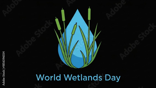 World wetlands day, water droplet with green reeds and cattails, environmental awareness symbol, conservation logo, ecology icon, blue water drop illustration