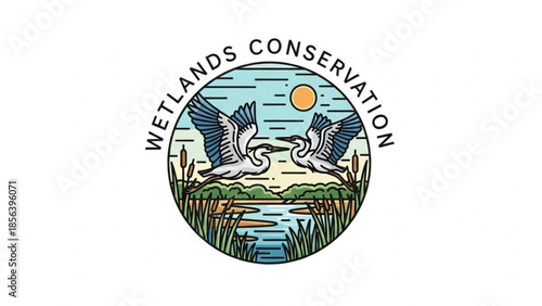 Wetlands conservation logo with flying herons and serene landscape