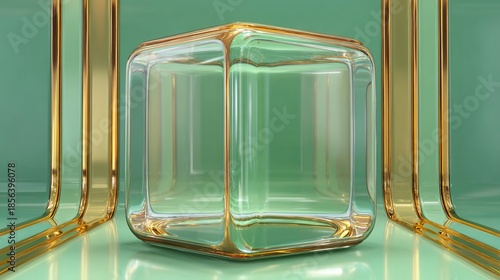 Transparent cube encased in a mint green space, accented by gold stripes