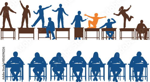 Students, classroom, behavior, contrast, learning, discipline, creativity, education, silhouette, desks, pose, dynamic, static, blue, brown, vector, illustration, school, expressive, uniform