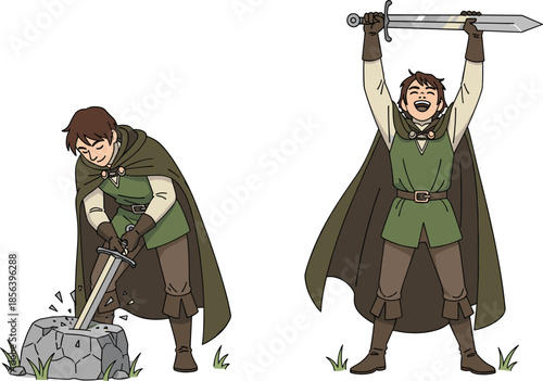 Sword, stone, legend, medieval, character, triumph, hero, cape, green, tunic, boots, gloves, victory, pose, action, illustration, vector, fantasy, destiny, strength
