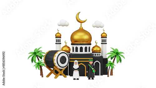 3D Islamic Celebration Scene with Mosque, Drum, Couple, and Palm Trees on transparent background