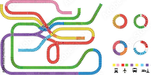 Transportation network map, colorful transit routes, urban mobility infographic, travel modes icons, data visualization, metro system, public transport layout