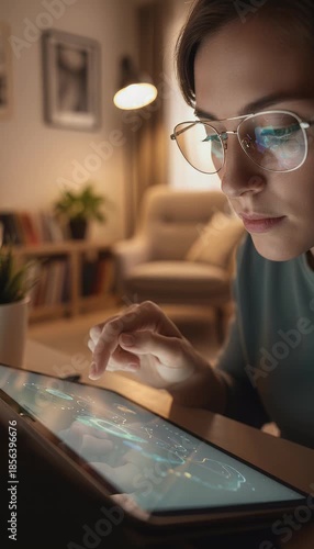 Woman using tablet indoors working reading information digital display