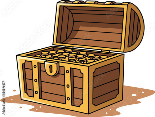 Treasure chest cartoon, gold coins inside, adventure reward, pirate loot, open wooden box, fantasy wealth icon, buried riches