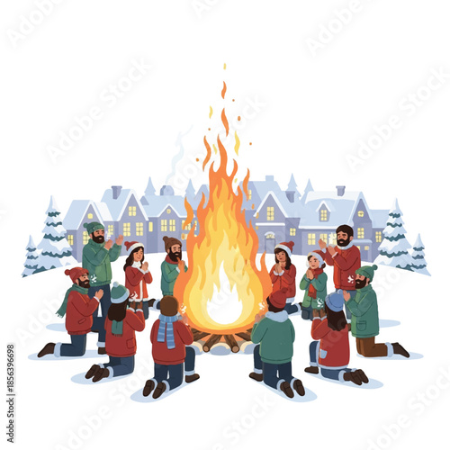 People gathering around a large bonfire during a winter celebration.
