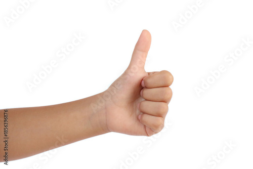 Female hand tapping thumbs-up icon, like and subscribe action, simple design.. isolated on white background.
