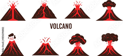Volcano eruption illustration set, lava explosion icons, ash cloud activity, geological hazard, natural disaster concept, cartoon volcanic scenes
