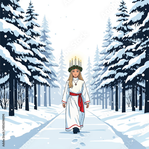 Saint lucia girl walking through a snowy winter forest.