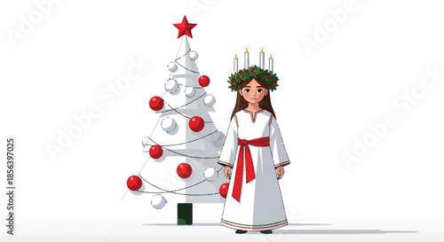Saint lucia girl with candle wreath and christmas tree on white.