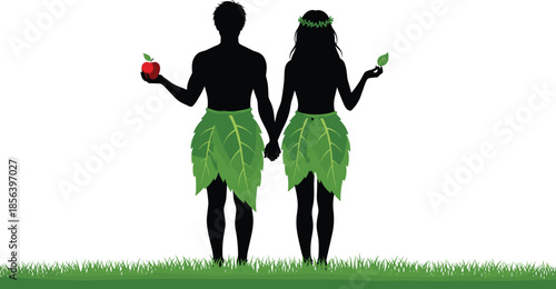 Adam and Eve silhouette, biblical story, Garden of Eden, forbidden fruit, apple symbolism, mythology, religion, art illustration, leaf costume