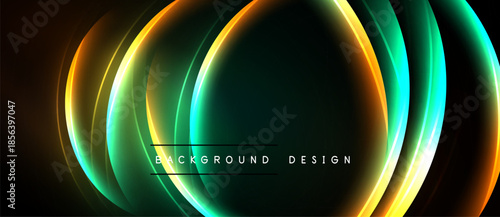 Abstract neon circles create dynamic background. Vivid colors blend, forming futuristic design. Smooth gradients enhance visual impact.