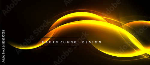 Abstract golden lines over dark background. Dynamic curves create modern visual effect. Bright energy radiates from center.