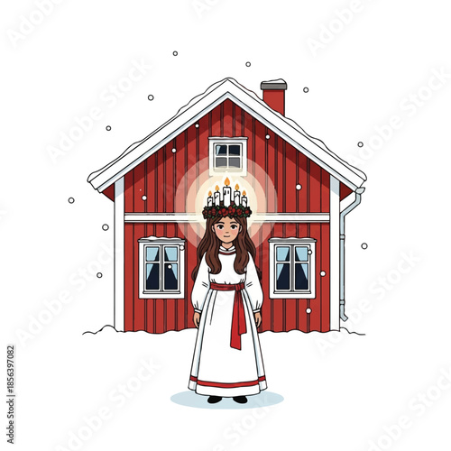 Saint lucia girl standing outside a traditional red swedish house.