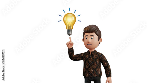 3D Cartoon Man with Idea Light Bulb on transparent background