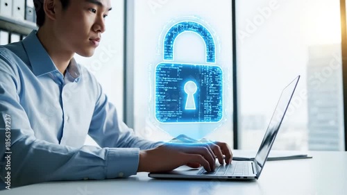 P158-Person using laptop with digital padlock symbol overlay on light background representing online dat 4K 10s