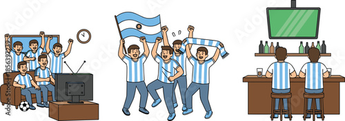 Argentina soccer fans cheering, watching match, celebrating goal, waving flag, sports bar excitement, football passion, team spirit, television, crowd, emotion