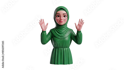 3D Cartoon Woman Wearing Hijab and Glasses Waving Hello on transparent background