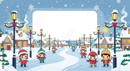 Cute winter village scene with kids ice skating and copy space.