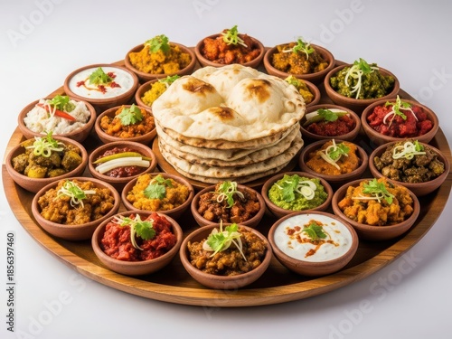 Wallpaper Mural Assorted indian dishes with naan bread on a wooden platter Torontodigital.ca