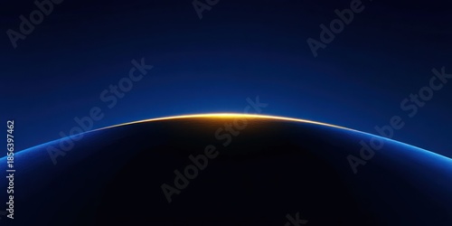 Abstract glowing curve with horizon line in deep blue background
