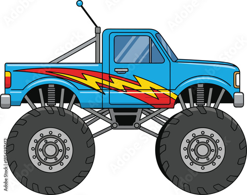 Cartoon monster truck, blue body, oversized tires, lightning bolt graphic, raised suspension, motorsport vehicle, entertainment, rugged design, antenna, chassis