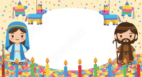 Cute las posadas christmas frame with mary, joseph, and pinatas.