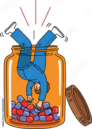 Cartoon person stuck in pill bottle, medication addiction concept, pharmaceutical overdose, drug dependency, health crisis, humorous illustration, capsule chaos