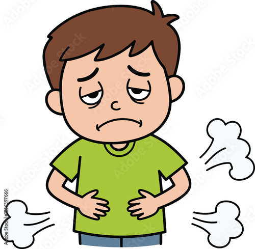 Cartoon stomach pain, digestive discomfort, bloating illustration, flatulence concept, gas symptoms, health issue, abdominal ache, humorous medical cartoon