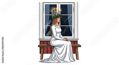 Saint lucia maiden sitting by a window in a white dress.