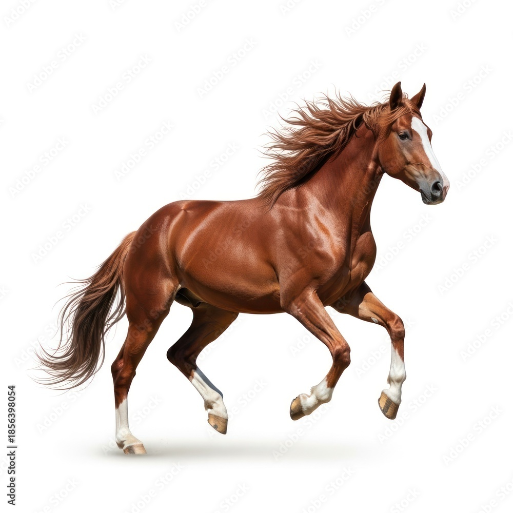 Obraz premium Chestnut horse galloping, showcasing white face markings and legs on a white background