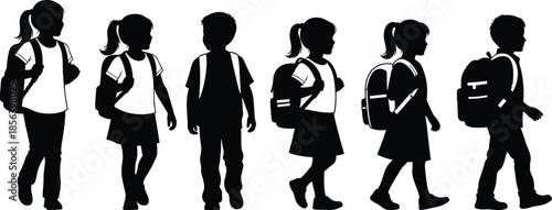 Children, school, backpack, silhouette, walking, students, education, black, vector, illustration, pose, boys, girls, uniform, motion, back-to-school, safety, commute, classroom, youth