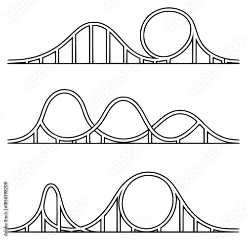 Black and white roller coaster track with loops and hills