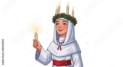 Saint lucia girl with candle crown celebrating lucy's day tradition.