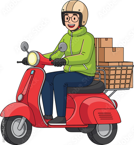 Delivery scooter cartoon, courier service illustration, urban transport, red motorbike with boxes, gig economy concept, helmet rider character
