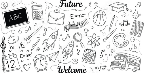 Education, doodles, school, learning, science, creativity, math, future, chalkboard, icons, vector, illustration, black, white, classroom, symbols, tools, academic, fun, sketch