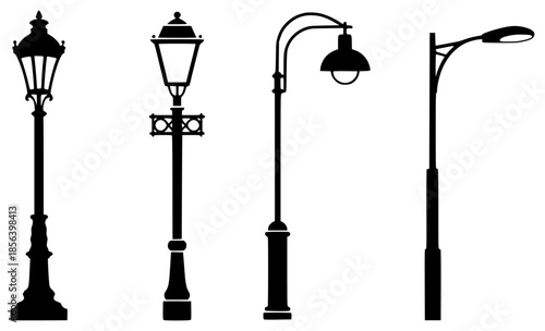 Black silhouette vintage and modern street lamps white background light