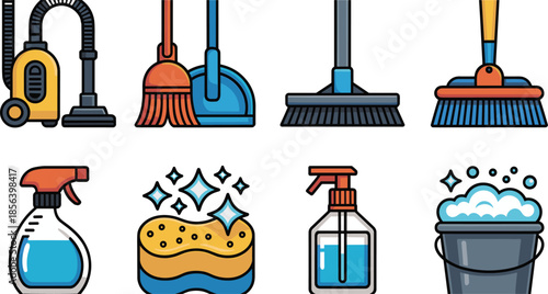 Cleaning equipment icon set with vacuum, broom, mop, spray bottle, sponge, bucket, and housework tools for professional domestic hygiene service design.