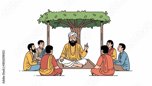 Guru teaching students under a tree in a traditional setting.