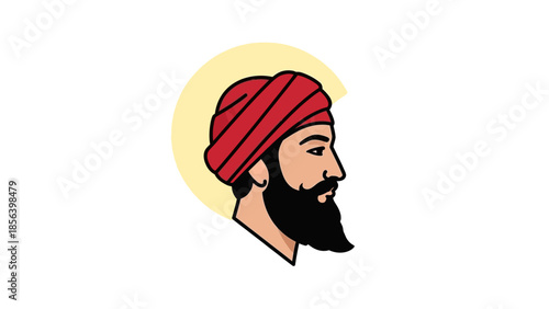 Cartoon man with red turban and beard.