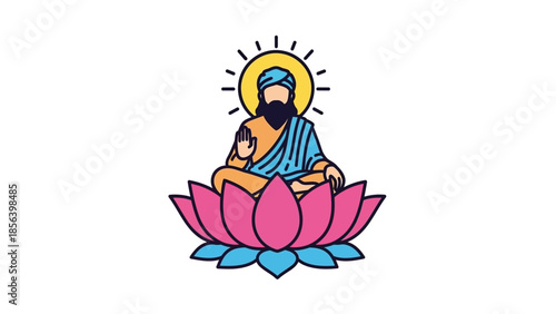 Guru Nanak Dev Ji meditating on a lotus flower.