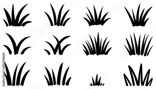 Collection of stylized black grass clumps a white background