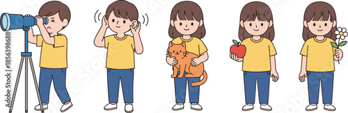 Five senses cartoon illustration, children exploring sight sound touch taste smell, educational concept, sensory learning, colorful playful activity icons