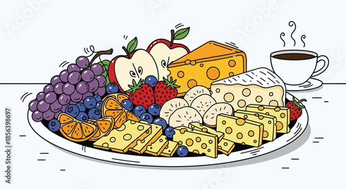 Vibrant Hand-Drawn Charcuterie Board with Assorted Cheeses and Fresh Fruit